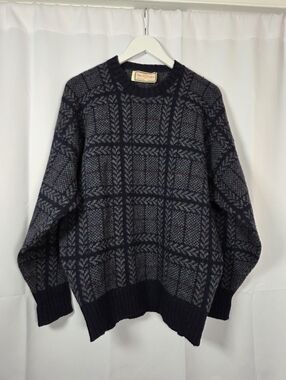 Vintage Alan Paine Shetland Wool Sweater Blue Plaid Men's Size 40